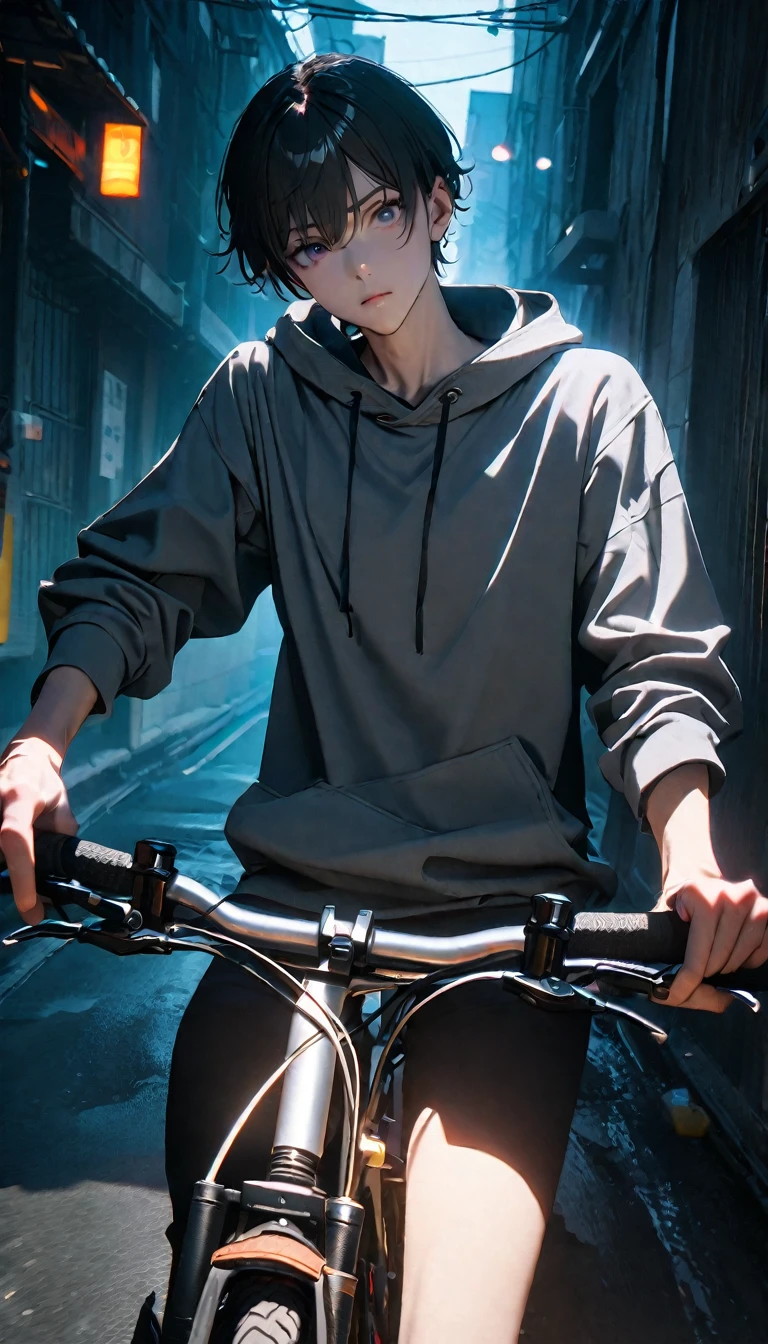 (8K, RAW photos, best quality, masterpiece: 1.4), (((Boy on bike))),Ultra-high resolution, Extremely detailed, light, closeup of arms, handsome boy, black eyes, (delicate eyes, Eyes are bright:1.2), Gray short hair, Fair skin,dark, Grey sweatshirt, sweatshirt with hood,(perfect anatomy:1.2), High-quality shadows, Natural Lighting, (White highlights:1.2), night, cloudy day, (Alley:1.2), (River bridge:1.2)