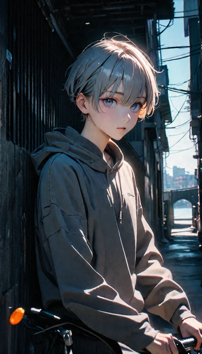 (8K, RAW photos, best quality, masterpiece: 1.4), (((Boy on bike))),Ultra-high resolution, Extremely detailed, light, closeup of arms, handsome boy, black eyes, (delicate eyes, Eyes are bright:1.2), Gray short hair, Fair skin,dark, Grey sweatshirt, sweatshirt with hood,(perfect ???????:1.2), High-quality shadows, Natural Lighting, (White highlights:1.2), night, cloudy day, (Alley:1.2), (River bridge:1.2)