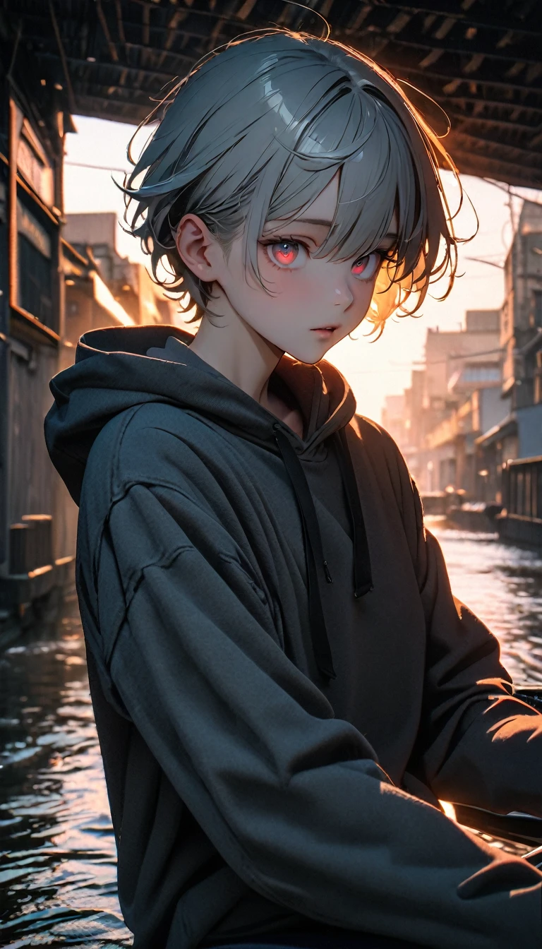 (8K, RAW photos, best quality, masterpiece: 1.4), (((Boy on bike))),Ultra-high resolution, Extremely detailed, light, closeup of arms, handsome boy, black eyes, (delicate eyes, Eyes are bright:1.2), Gray short hair, Fair skin,dark, Grey sweatshirt, sweatshirt with hood,(perfect anatomy:1.2), High-quality shadows, Natural Lighting, (White highlights:1.2), night, cloudy day, (Alley:1.2), (River bridge:1.2)