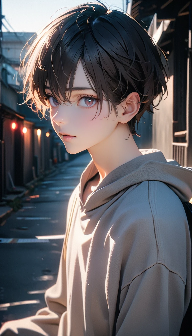 (8K, RAW photos, best quality, masterpiece: 1.4), (((Boy on bike))),Ultra-high resolution, Extremely detailed, light, closeup of arms, handsome boy, black eyes, (delicate eyes, Eyes are bright:1.2), Gray short hair, Fair skin,dark, Grey sweatshirt, sweatshirt with hood,(perfect anatomy:1.2), High-quality shadows, Natural Lighting, (White highlights:1.2), night, cloudy day, (Alley:1.2), (River bridge:1.2)