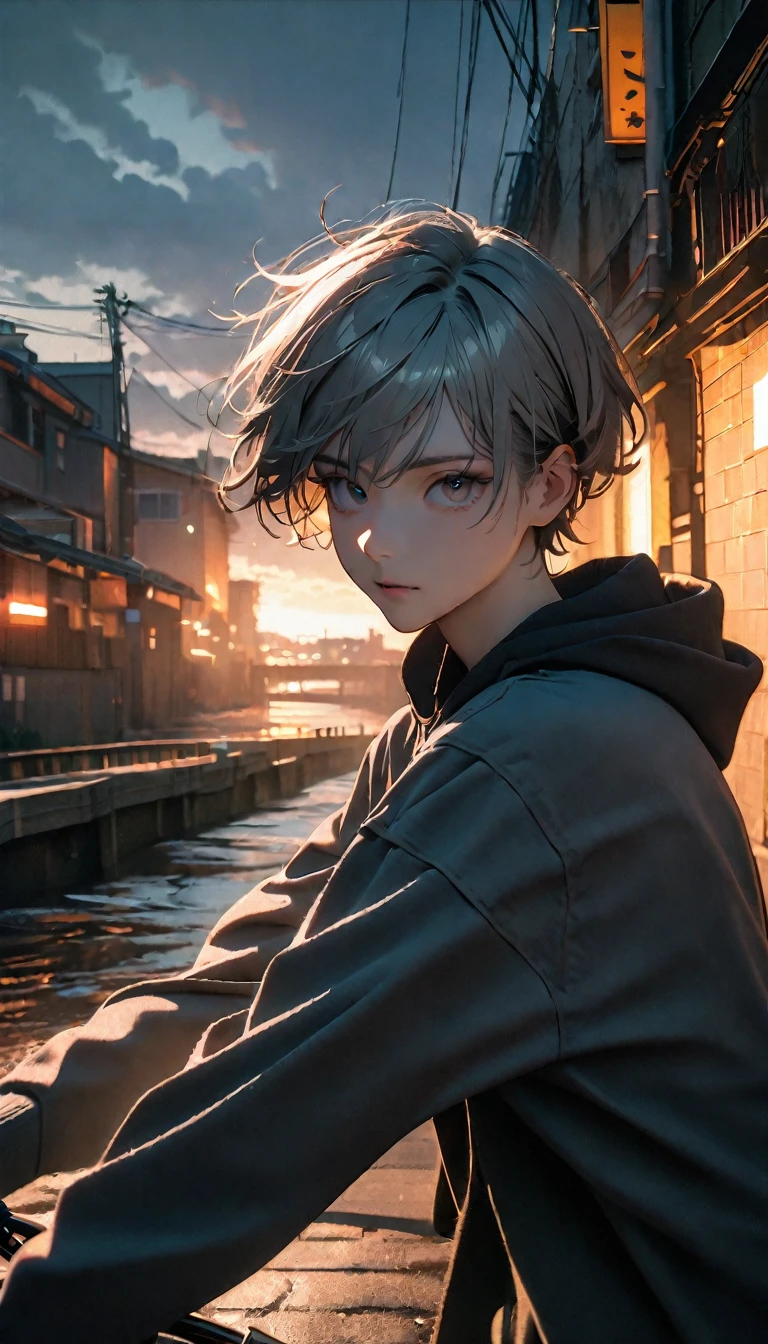 (8K, RAW photos, best quality, masterpiece: 1.4), (((Boy on bike))),Ultra-high resolution, Extremely detailed, light, closeup of arms, handsome boy, black eyes, (delicate eyes, Eyes are bright:1.2), Gray short hair, Fair skin,dark, Grey sweatshirt, sweatshirt with hood,(perfect anatomy:1.2), High-quality shadows, Natural Lighting, (White highlights:1.2), night, cloudy day, (Alley:1.2), (River bridge:1.2)