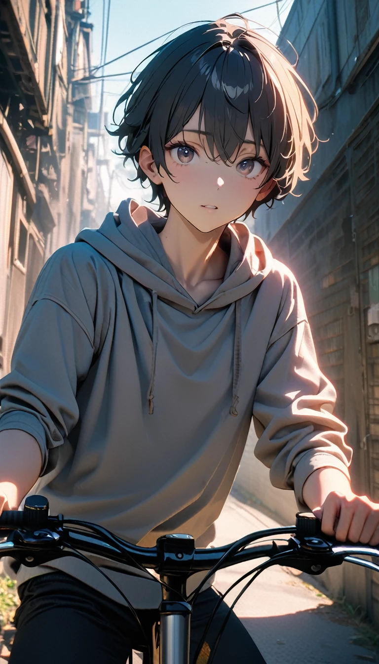 (8K, RAW photos, best quality, masterpiece: 1.4), (((Boy on bike))),Ultra-high resolution, Extremely detailed, light, closeup of arms, handsome boy, black eyes, (delicate eyes, Eyes are bright:1.2), Gray short hair, Fair skin,dark, Grey sweatshirt, sweatshirt with hood,(perfect anatomy:1.2), High-quality shadows, Natural Lighting, (White highlights:1.2), night, cloudy day, (Alley:1.2), (River bridge:1.2)