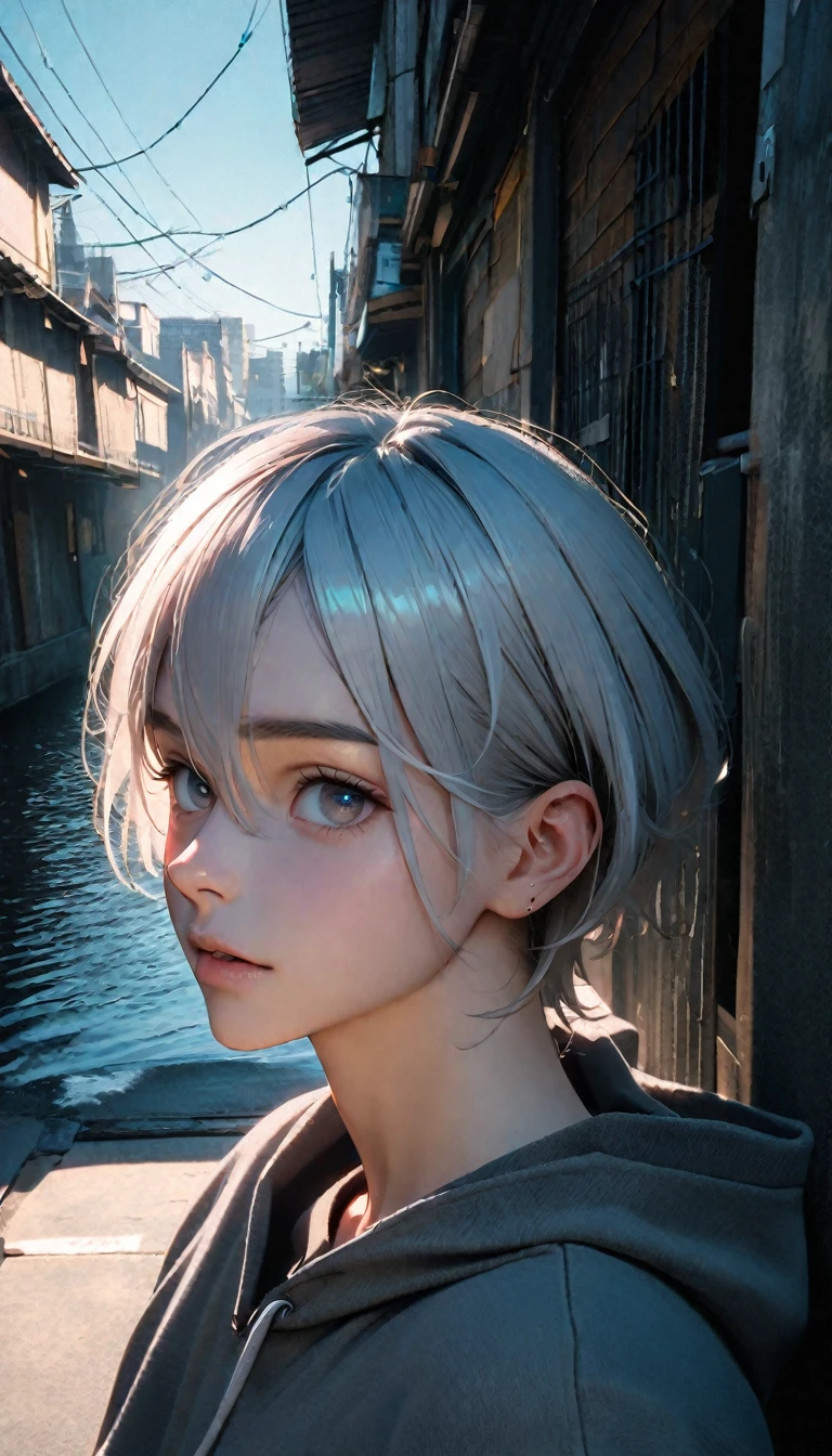 (8K, RAW photos, best quality, masterpiece: 1.4), (((Boy on bike))),Ultra-high resolution, Extremely detailed, light, closeup of arms, handsome boy, black eyes, (delicate eyes, Eyes are bright:1.2), Gray short hair, Fair skin,dark, Grey sweatshirt, sweatshirt with hood,(perfect anatomy:1.2), High-quality shadows, Natural Lighting, (White highlights:1.2), night, cloudy day, (Alley:1.2), (River bridge:1.2)
