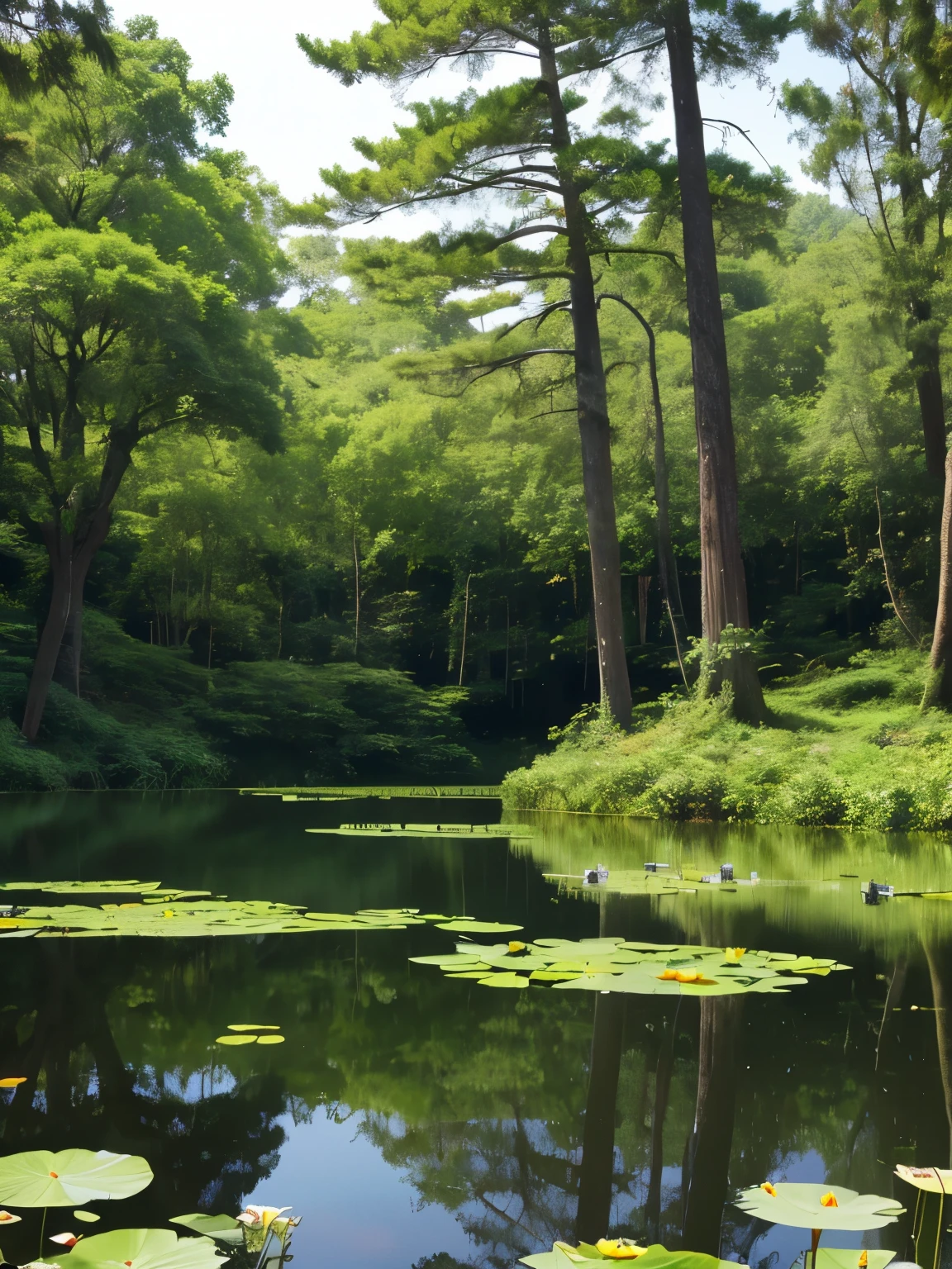Small lake in the forest、Several black lotuses bloom in the center of the lake.、Trees around the lake々is thick、bright
