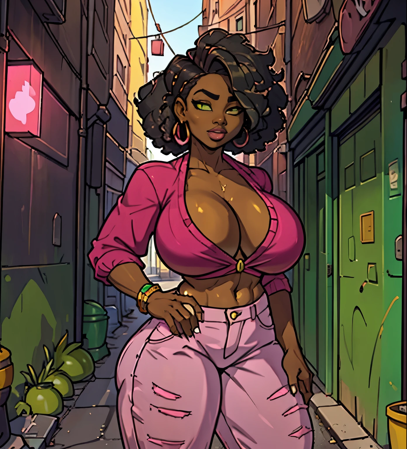 masterpiece, ((better quality)), ebony, slut, group_female, dark skin, afro_style, vulgar clothes, casual clothes, acid colors ((pink, yellow, green, red)), drunk_party, alleyway background