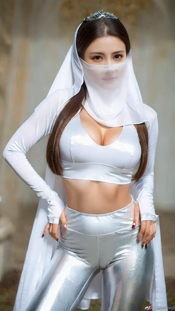 (lifelike, high - resolution:1.3),full body , 1 girl with a perfect body, Super fine face and eyes,slong hair, midriff of white colors:1.2, silver shiny leggings,face veil, big boob,Expose cleavage, ninja pose, satin gloves.