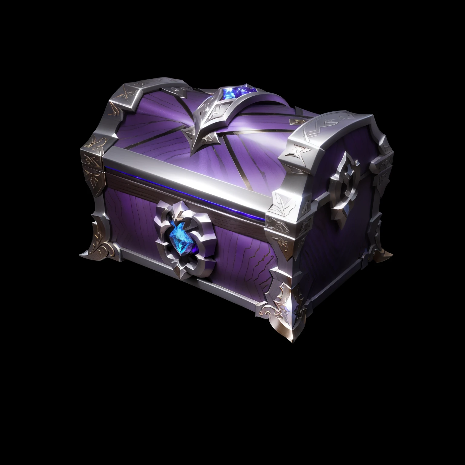 Purple wood grain box with silver-white metal edges inlaid with sapphires,Loot Boxes, Treasure,Metallic luster,Game assets, Treasure artifact, 3d icons for mobile games,Diablo concept style,