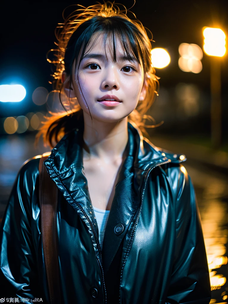 Wet roads ,drenched, Dripping, Wet Face,Wet clothes, Wet Skin, Wet Hair,A young woman with a cute face like a Japanese idol,Looking up at the rainy sky,chest,((Cinema lighting),(Natural light),(High level of artistry),(Artistic),(Quality indistinguishable from real life),RAW Photos,Genuine,Genuine,High resolution,RAW Photos,masterpiece, beautiful