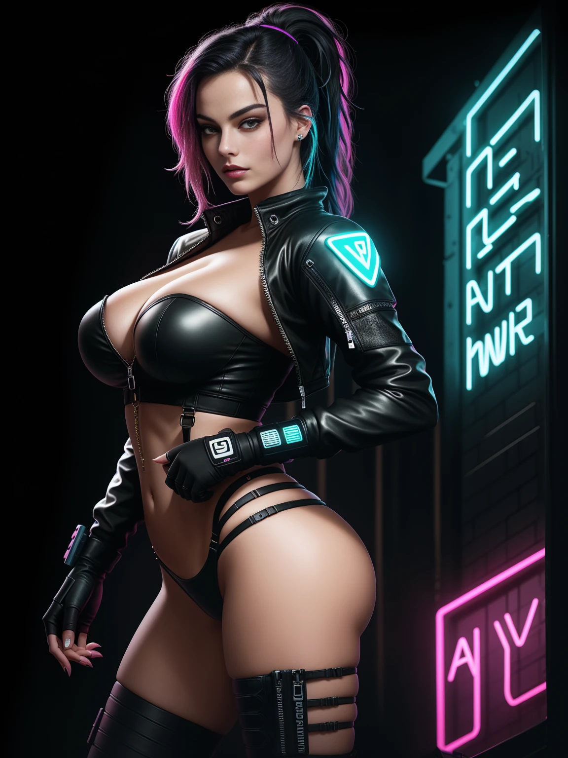 there is Margot Robbie, black neon streaked hair, hair in pony tail, 3 d neon art of a womans body, neon-noir background, cyberpunk femme fatale, seductive cyberpunk dark fantasy, cyberpunk strip clubs, cyberpunk 20 y. o model girl, oppai cyberpunk, banner, high definition cgsociety, cgsociety masterpiece, trending on cgstation, kda, random hair, nice ass, back to camera, gigantic breasts, cleavage, (high detailed skin:1.2), 8k uhd, dslr, super lighting, high quality, film grain, high res, highly detailed, hyper realistic, beautiful face, beautiful body, beautiful eyes nose lips, alluring expression, very bold, upper  visible, full body photo, standing legs apart, pale translucent glowing skin, most beautiful face, cute, (well defined pubic hair:1.2)), (dark plain black background:1.4))