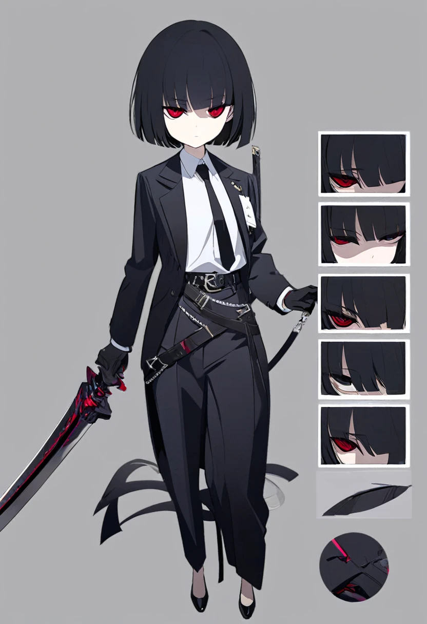 One woman,Dynamic,whole body,Are standing,mysterious,Concept Art,Character Design,Jet black straight hair,The bangs are trimmed to accentuate the eyes.,Well-proportioned face,Sharp Eyes,White shirt,Black tie,Black slacks,Silver cufflinks on the left hand,On the ring finger of her right hand she wears a simple silver ring.。Luxury watches,Black leather shoes,beltでウエストラインを強調,Stylish,Red eyes,belt,Stylish,Simple background gray,Details,Okabo Hair,Half-open eyes,Cool appearance,,Black gloves,Short Hair,Narrow eyes,Accentuated body lines,Has a sword on his waist,