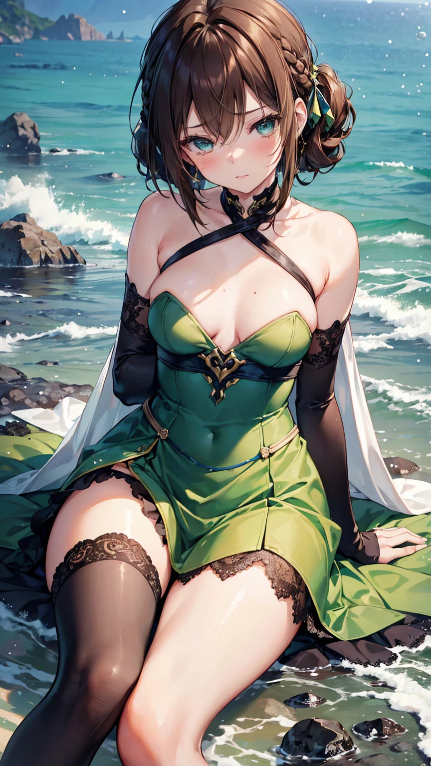 Detailed face, delicate eyes, Cape Dutch, Perfect hands, From the front, 1 girl, , Young girls, teenage , 15 years oldsts1 girl, aldult, Memale, Average breast, underwear, Avatar (serihurik 的 CHAR-F Avatar series Toph Beifong, (brown hair:1.2), , Stingy and complex (Green:1.5) Prom dress, , (long ruffled elbow gloves, lace stockings, High heel:1.15), (Hairstyle:1.3), Awkward, tears, sitting, Waved, On a snowy beach