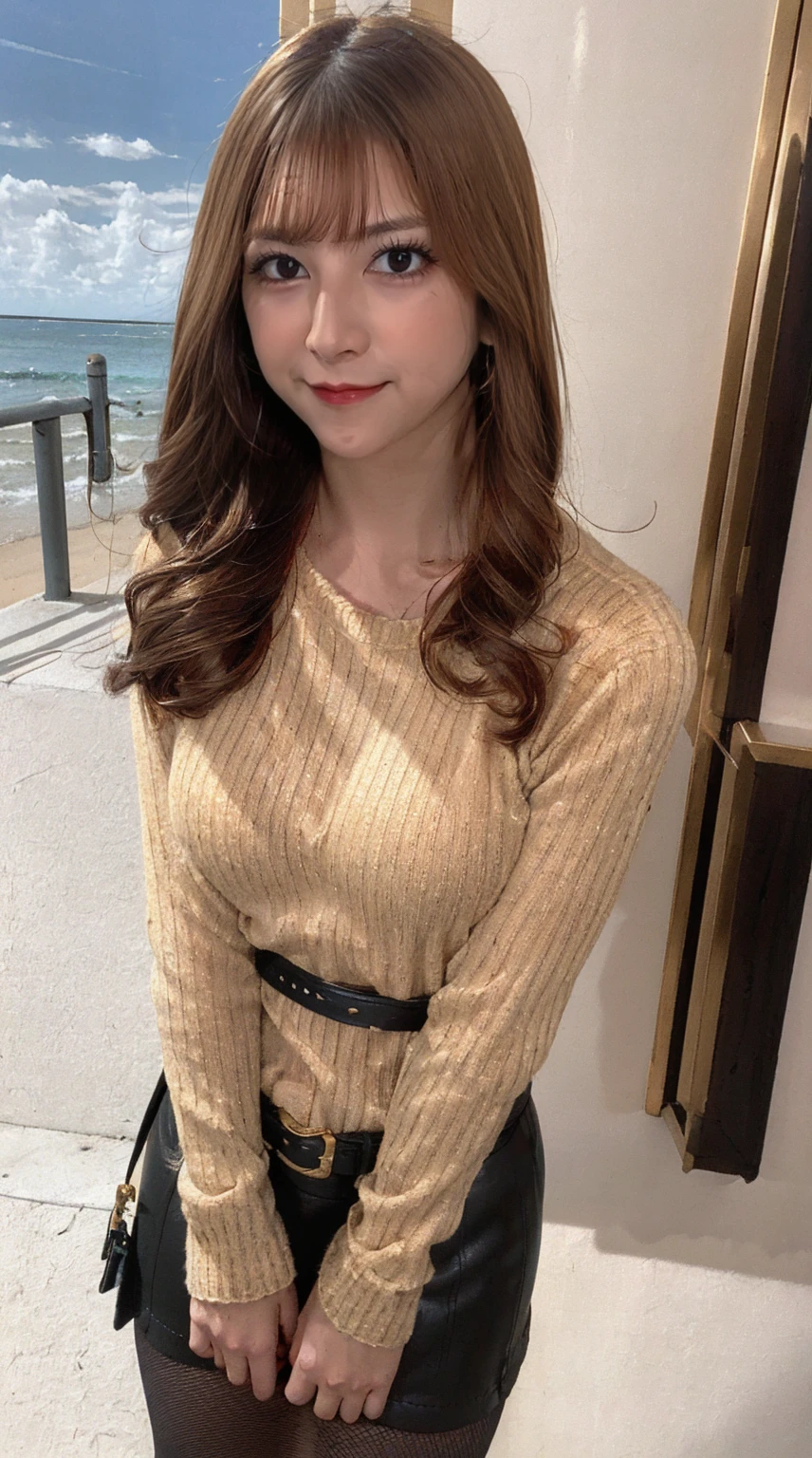 masterpiece, best quality, 4K, ultra-detailed, photorealistic, (1 girl), (A fascinating eye for perfect detail:1.2), smirk, ((center parted hair)), (medium brown hair), ((white ribbed sweater)), (black leather skirt), (black belt with gold buckle), ((arms at sides)), (standing in the beach), (front view), (full body), (in the sea)