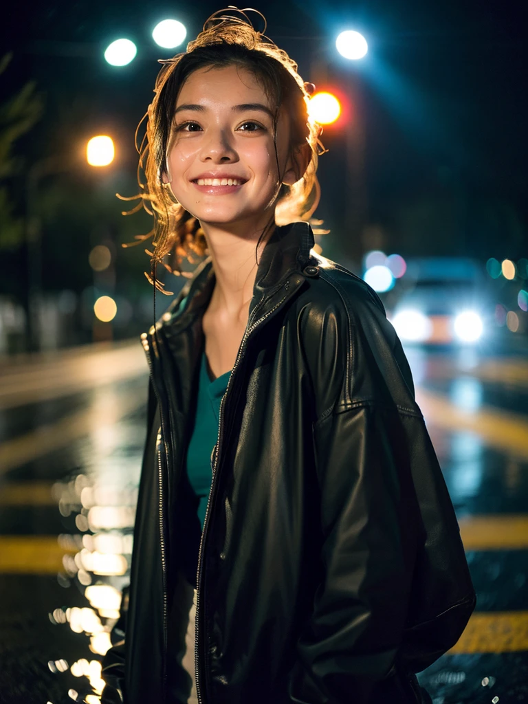 Wet roads ,drenched, Dripping, Wet Face,Wet clothes, Wet Skin, Wet Hair,A young woman with a cute face like a Japanese idol,Smile a little,Looking up at the sky,chest,((Cinema lighting),(Natural light),(High level of artistry),(Artistic),(Quality indistinguishable from real life),RAW Photos,Genuine,Genuine,High resolution,RAW Photos,masterpiece, beautiful