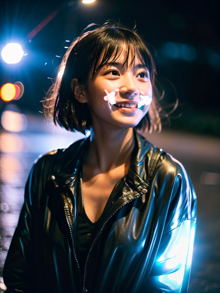 Wet roads ,drenched, Dripping, Wet Face,Wet clothes, Wet Skin, Wet Hair,A young woman with a cute face like a Japanese idol,Smile a little,Looking up at the sky,chest,((Cinema lighting),(Natural light),(High level of artistry),(Artistic),(Quality indistinguishable from real life),RAW Photos,Genuine,Genuine,High resolution,RAW Photos,masterpiece, beautiful