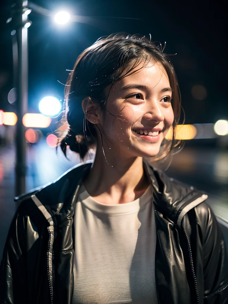 Wet roads ,drenched, Dripping, Wet Face,Wet clothes, Wet Skin, Wet Hair,A young woman with a cute face like a Japanese idol,Smile a little,Looking up at the sky,chest,((Cinema lighting),(Natural light),(High level of artistry),(Artistic),(Quality indistinguishable from real life),RAW Photos,Genuine,Genuine,High resolution,RAW Photos,masterpiece, beautiful