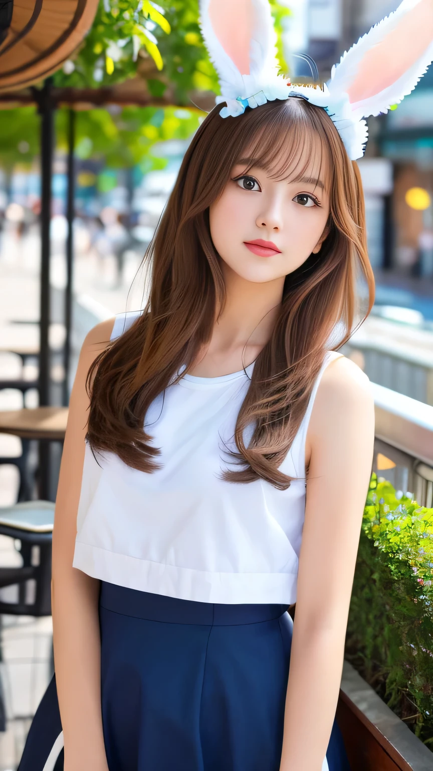 8K、Highest quality、Like a real photo、masterpiece、Product quality, One Girl,, Young and beautiful woman in Japan, Long Bob Hair, Attractive appearance,, High resolution, High detail, Detailed hairstyle, Detailed face, Great cinema lighting, Octane Rendering, Vibrant, Ultra-realistic, Perfect limbs, Perfect Anatomy、17 years old、White bunny ears on head、her hair is light brown.、Cool clothes、In the background is a cafe terrace、A human who is a mix of a cat and a girl、Natural color lip、Attractive eyes、Cat color'The ears are dark brown.、Eye color is blue、the ears are hidden by the hair、Double teeth、Yawn