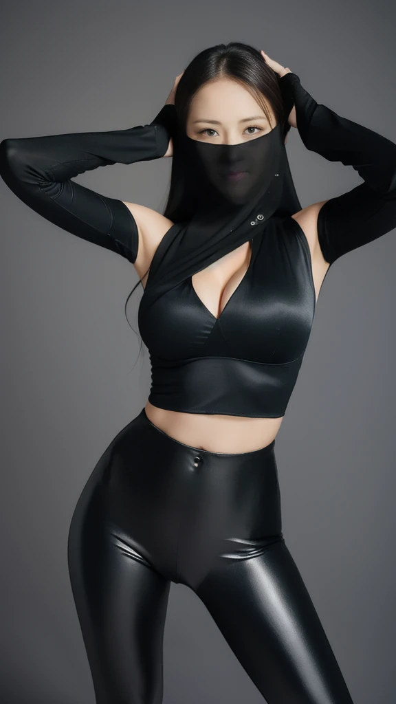 (lifelike, high - resolution:1.3),full body , 1 girl with a perfect body, Super fine face and eyes,slong hair, diamond midriff of black colors:1.2, black shiny leggings,face veil, big boob,Expose cleavage, ninja pose, satin gloves.