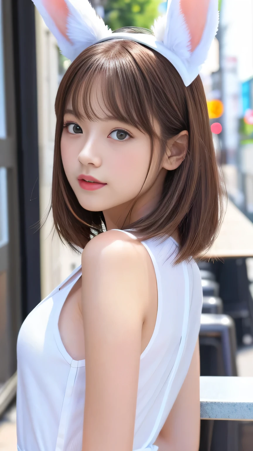 8K、Highest quality、Like a real photo、masterpiece、Product quality, One Girl,, Young and beautiful woman in Japan, Long Bob Hair, Attractive appearance,, High resolution, High detail, Detailed hairstyle, Detailed face, Great cinema lighting, Octane Rendering, Vibrant, Ultra-realistic, Perfect limbs, Perfect Anatomy、、White bunny ears on head、her hair is light brown.、Cool clothes、In the background is a cafe terrace、A human who is a mix of a cat and a girl、Natural color lip、Attractive eyes、Cat color'The ears are dark brown.、Eye color is blue、the ears are hidden by the hair、Double teeth、Yawn