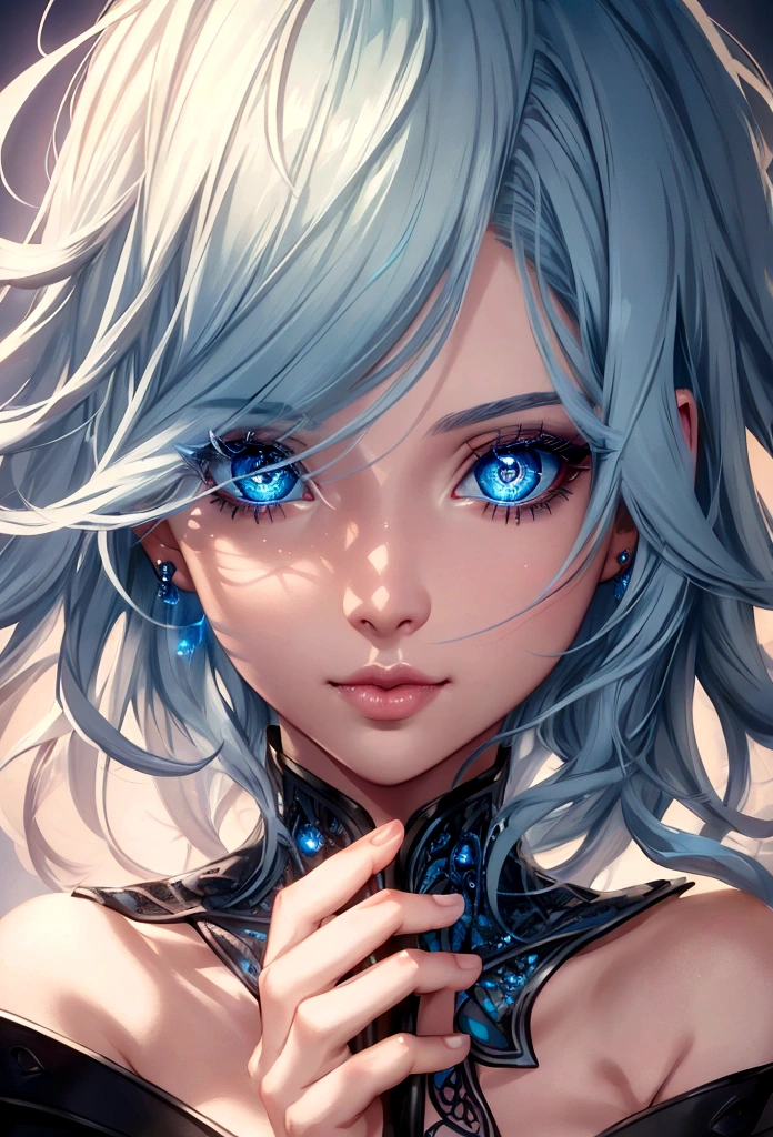 a girl with pale sky blue hair, sparkling blue eyes, beautiful detailed eyes, beautiful detailed lips, extremely detailed face, long eyelashes, blasting bright blue energy beam from her hands, intricate details, cinematic lighting, dramatic shadows, vivid colors, photorealistic, 8k, high quality, masterpiece, digital painting, concept art