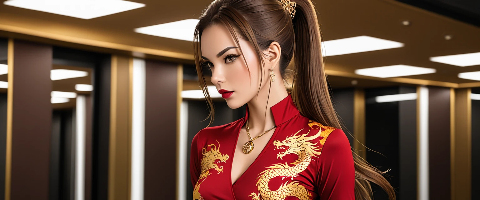 Beautiful woman with mid straight ponytail brown hair with brown eyes wearing an Black Tight Leggings With Golden Dragon Prints, a Red Sexy Criss Cross Mock Neck Mid Sleeves Blouse With Phoenix Prints, luxurious jewelry and a luxurious necklace, 18k gold wedding ring on left hand, fighting in a training room at night, holding a katana (caucasian skin), (light brown lipstick), (elegant mascara), (slim body with abs), (small breasts), (wide hips), midjourney, <lora:GoodHands-, <lora:GoodLegs-, UHD, high resolution, (masterpiece:1.1, best quality), (expressive eyes, perfect face, full body, expressive face, perfect body, perfect pussy, athletic, fit, slim body, blushing, Perfect makeup, eyeliner, beautiful eyelashes, smiling, horny face), ((best illumination, best shadows)), ((fight pose))