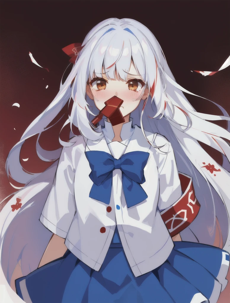 girl , , red whistle, white rubashua, Blue skirt, Long white hair, Brown eyes, sad face, nosebleeds