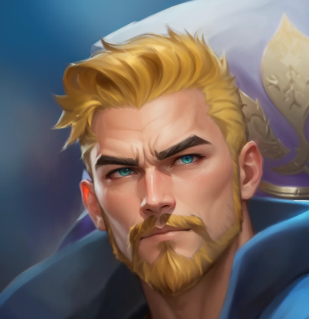 a close up of a man with a beard and a blue shirt, thertrevkaiser, avatar image, portrait of fin wildcloak, portrait of homelander, artgrem, arcane jayce, sylas, paladin, ashe, male paladin, heroic portrait, roguish smirk, inspired by Huang Shen, heise jinyao