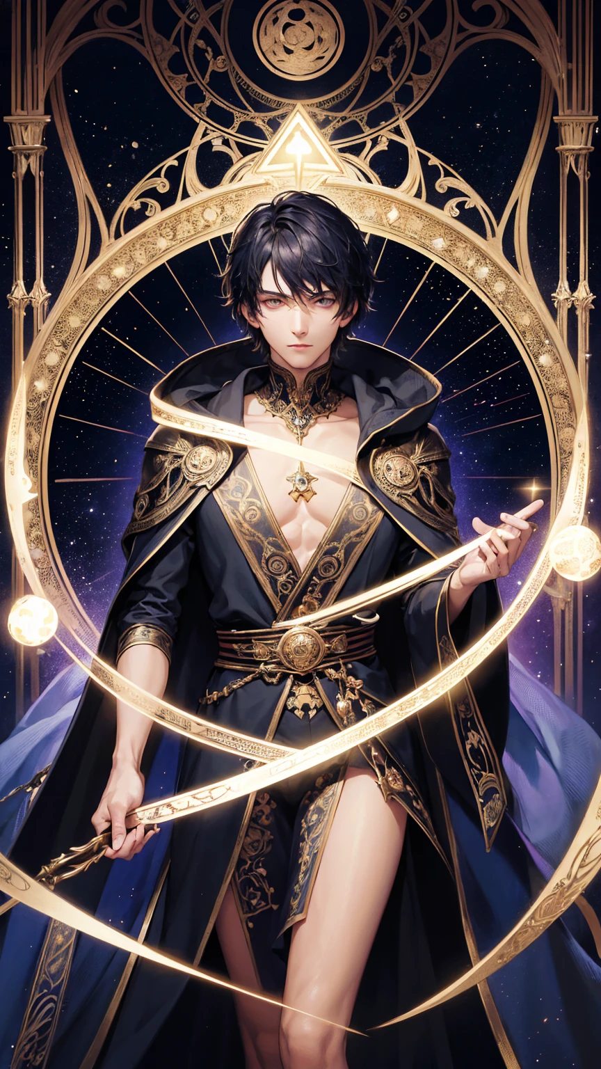 (Absurd, High resolution, Super detailed), 1 male, whole body, Handsome, Detailed eyes and face, Night Sky, \Tarot\, Symbolism, Visual Arts, occult, universal, Vision Casting, philosophical, Iconography, Fortune telling by numbers, Popularity, artistic, Alphonne Mucha, short hair, Magician Robe Costume