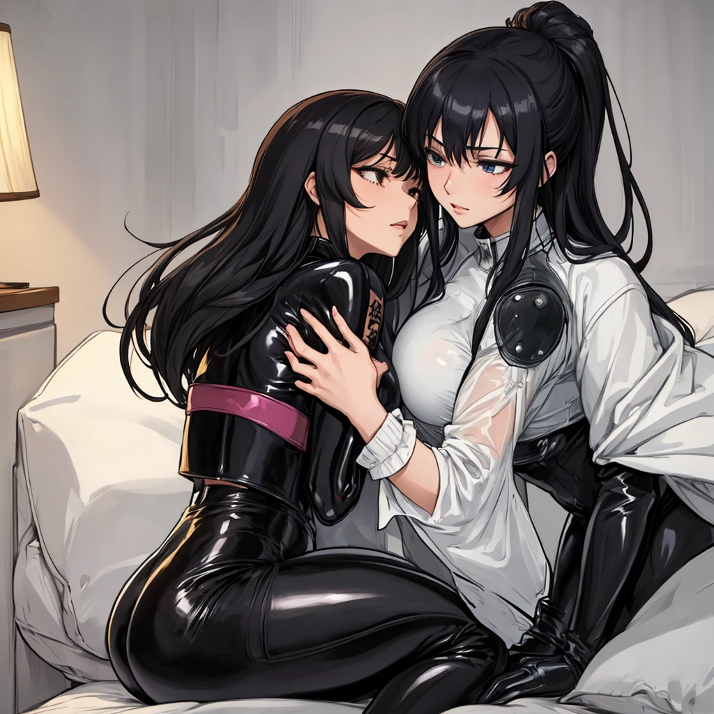 Black Hair、(Full latex suit)、Very luxurious bedroom、、Shiny enamel latex covers the whole body、Embarrassed expression、Two people touching each other&#39;s crotches、Super big breasts、