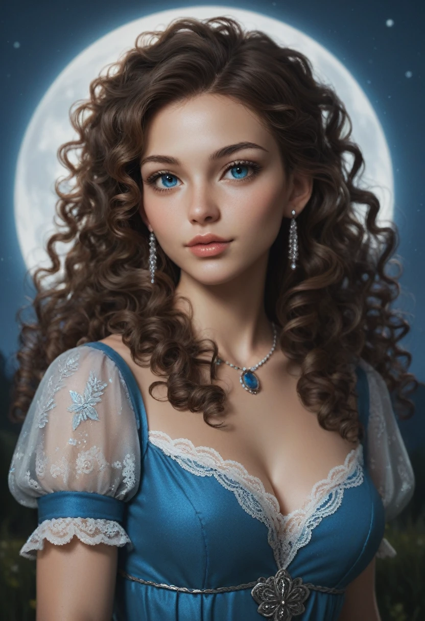 score_9, score_8_up, score_7_up, score_6_up, rating:safe, 1girl, solo, black_hair, wavy_hair, jewelry, dress, blue_eyes, earrings, long_hair, looking_at_viewer, curly_hair, upper_body, lips, lace, blue_dress, (night:1.3), cxqz8r, medieval_dress, medieval_landscape, fullmoon