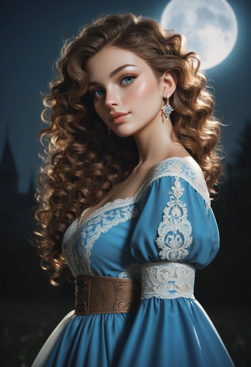 score_9, score_8_up, score_7_up, score_6_up, rating:safe, 1girl, solo, black_hair, wavy_hair, jewelry, dress, blue_eyes, earrings, long_hair, looking_at_viewer, curly_hair, upper_body, lips, lace, blue_dress, (night:1.3), cxqz8r, medieval_dress, medieval_landscape, fullmoon