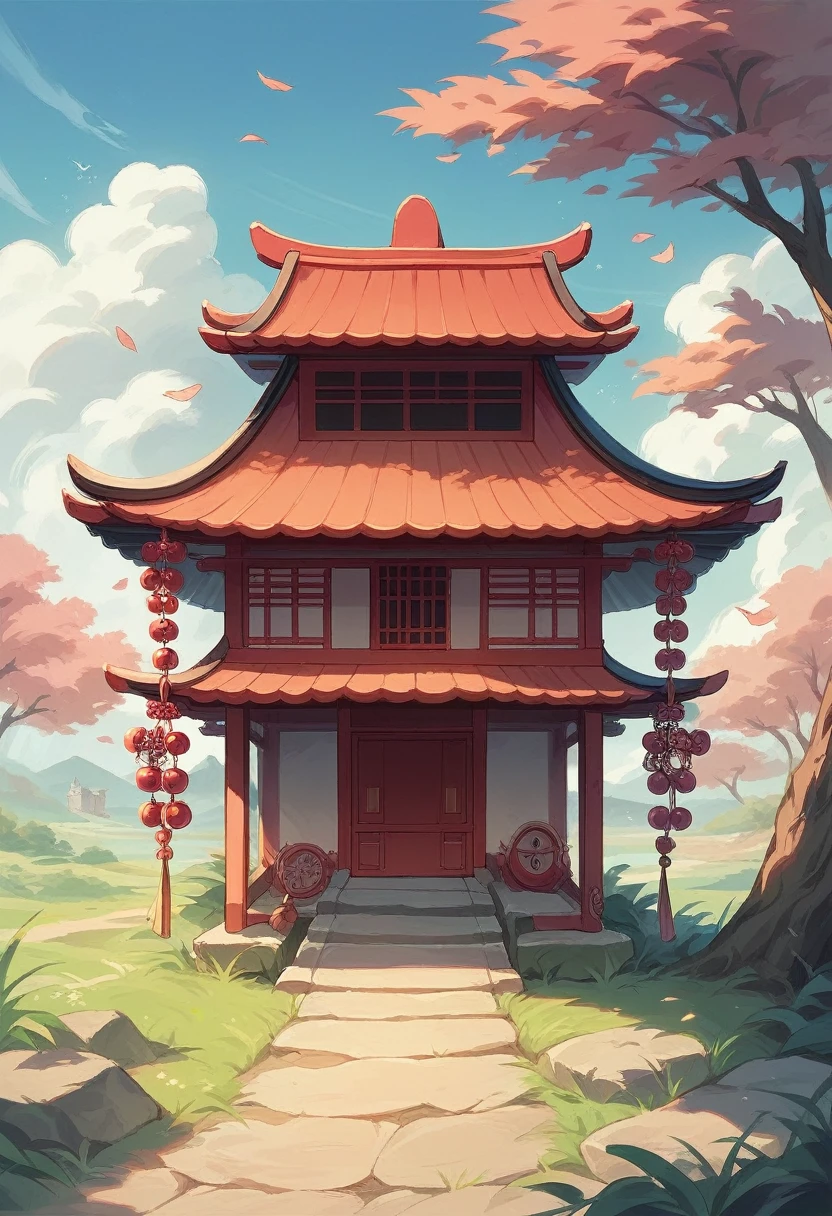 Lucky Cat is located on a round thatched house, Chinese ancient architectural accessories, Cherry tree, grassland, rockery