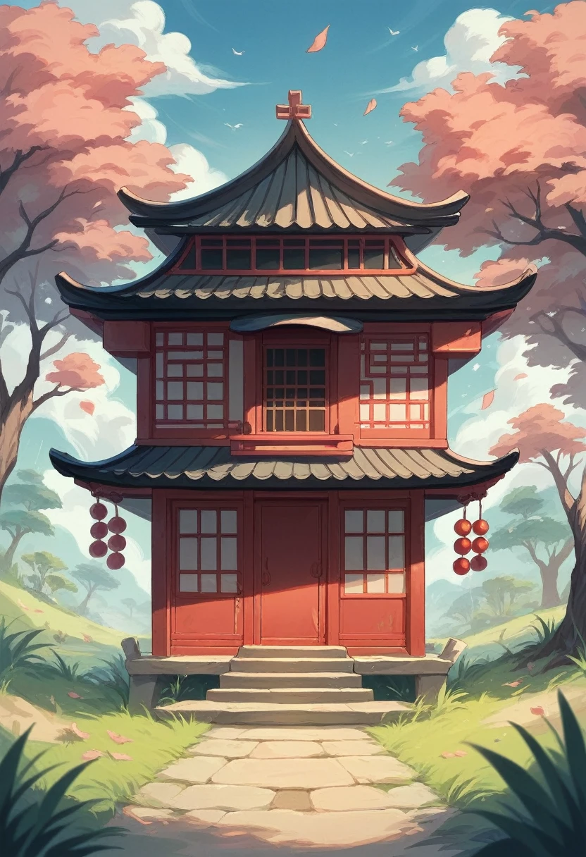 Lucky Cat is located on a round thatched house, Chinese ancient architectural accessories, Cherry tree, grassland, rockery