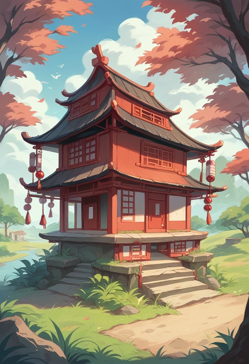 Lucky Cat is located on a round thatched house, Chinese ancient architectural accessories, Cherry tree, grassland, rockery