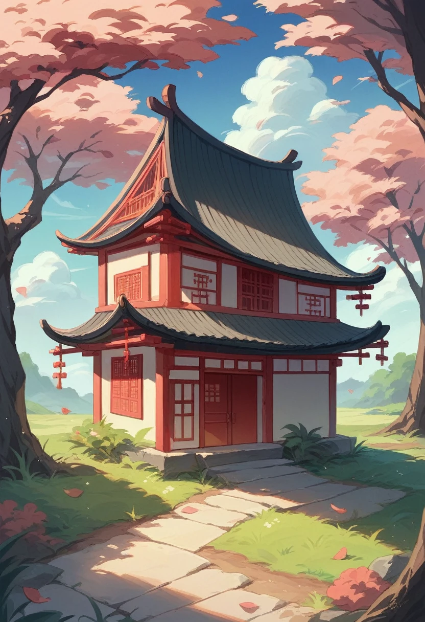 Lucky Cat is located on a round thatched house, Chinese ancient architectural accessories, Cherry tree, grassland, rockery