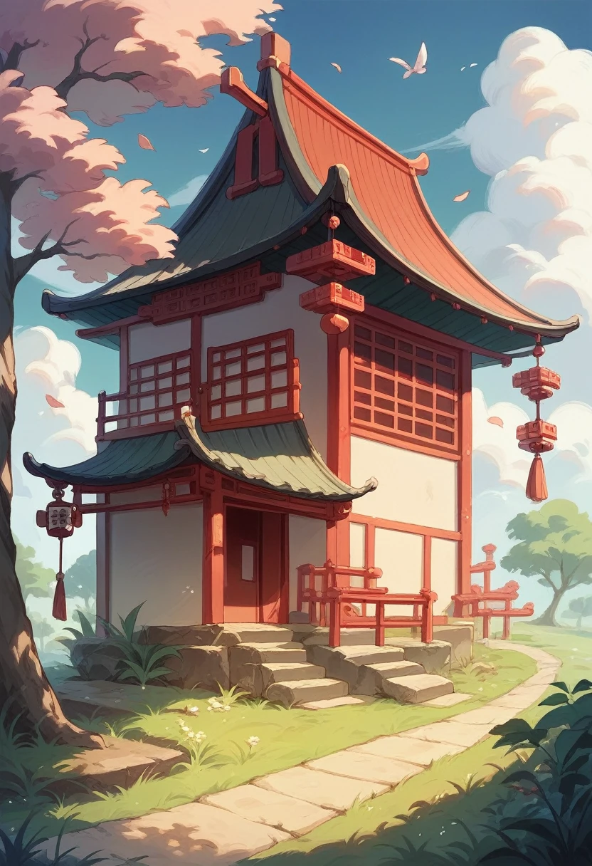 Lucky Cat is located on a round thatched house, Chinese ancient architectural accessories, Cherry tree, grassland, rockery