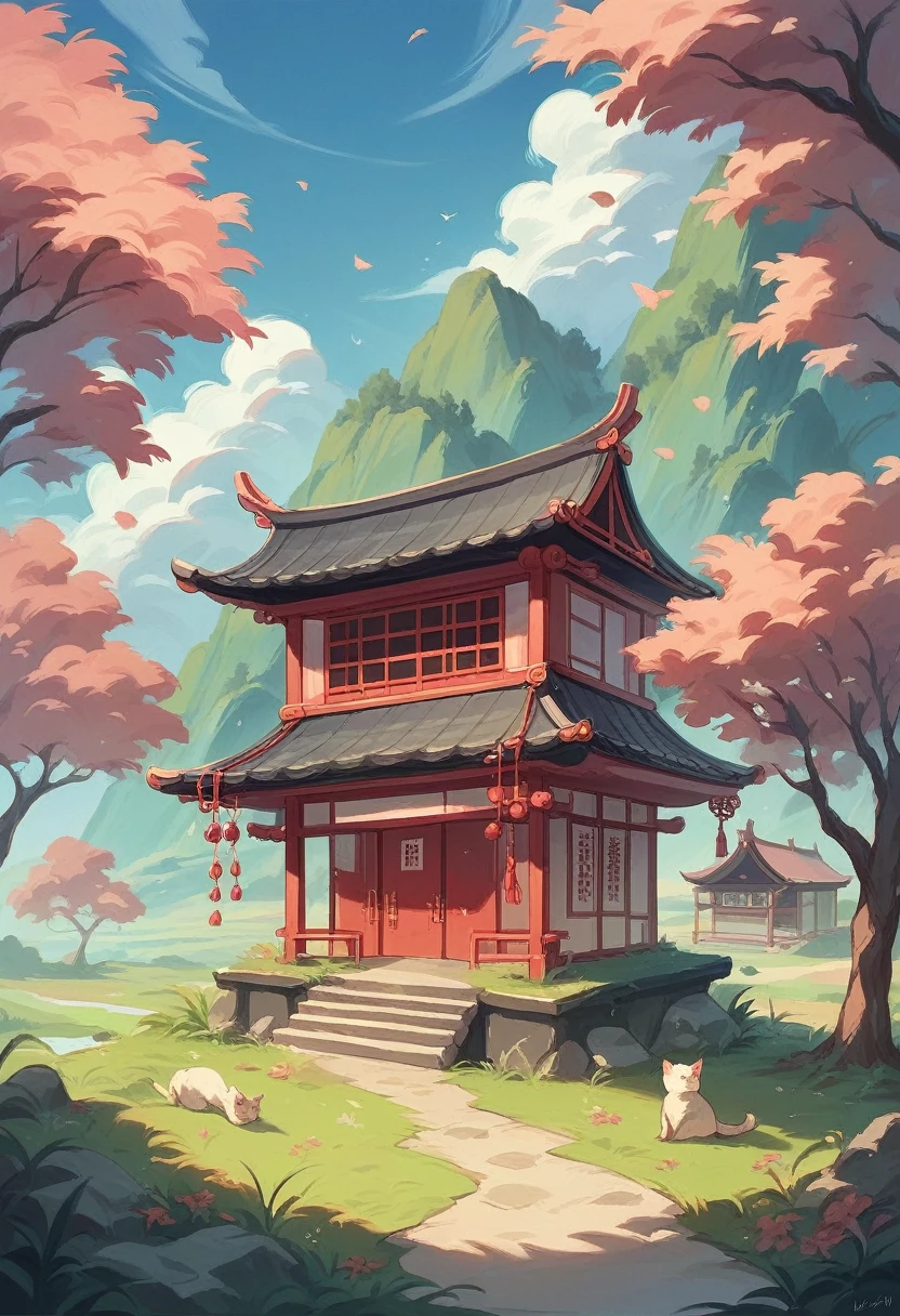 Lucky Cat is located on a round thatched house, Chinese ancient architectural accessories, Cherry tree, grassland, rockery