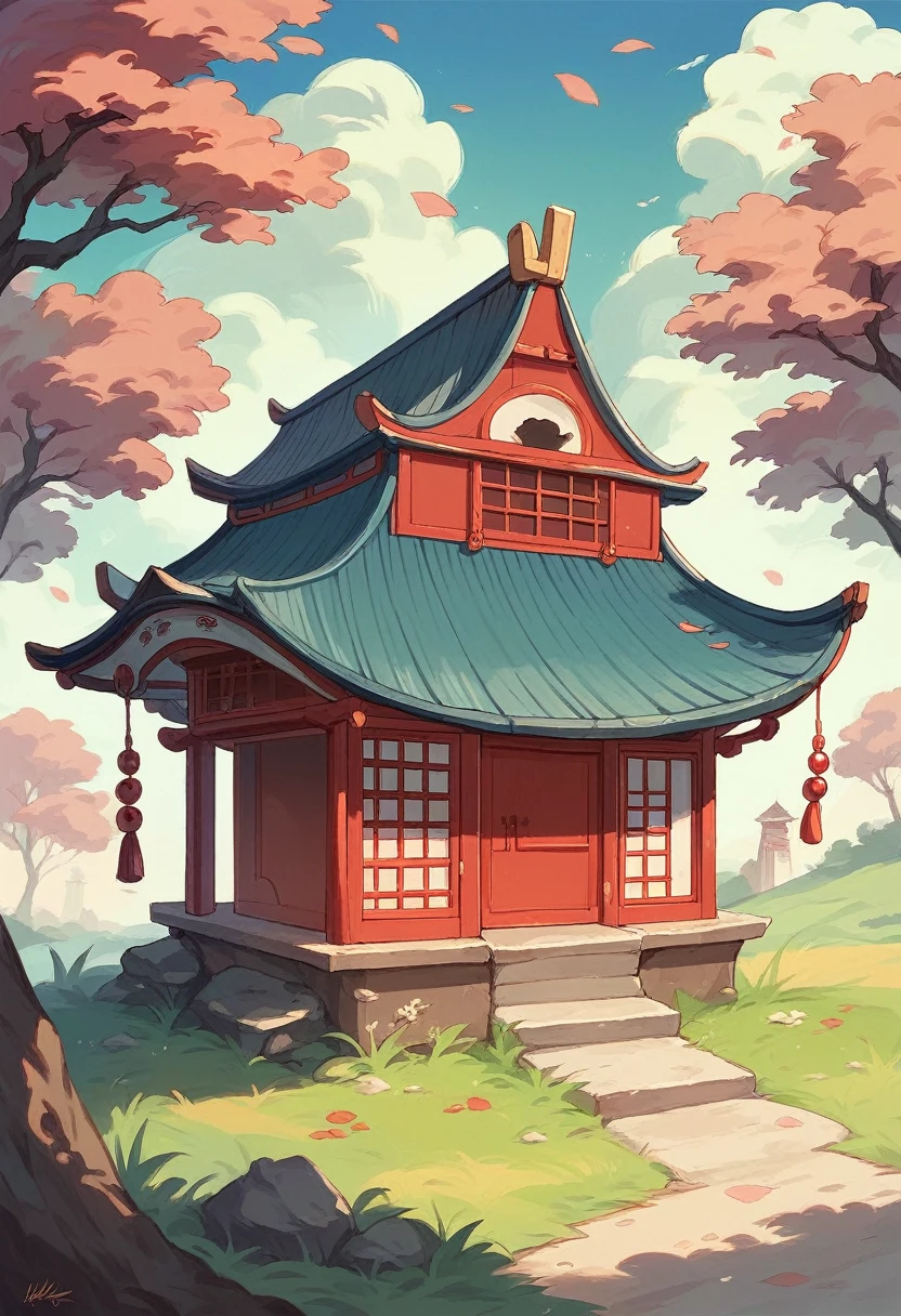 Lucky Cat is located on a round thatched house, Chinese ancient architectural accessories, Cherry tree, grassland, rockery