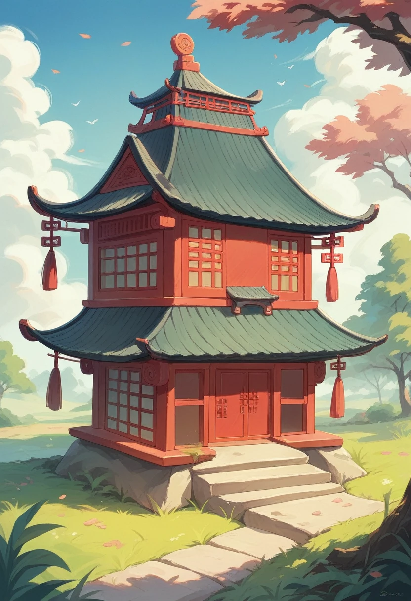 Lucky Cat is located on a round thatched house, Chinese ancient architectural accessories, Cherry tree, grassland, rockery