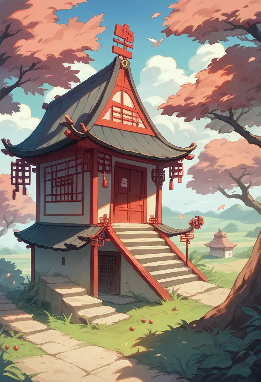Lucky Cat is located on a round thatched house, Chinese ancient architectural accessories, Cherry tree, grassland, rockery