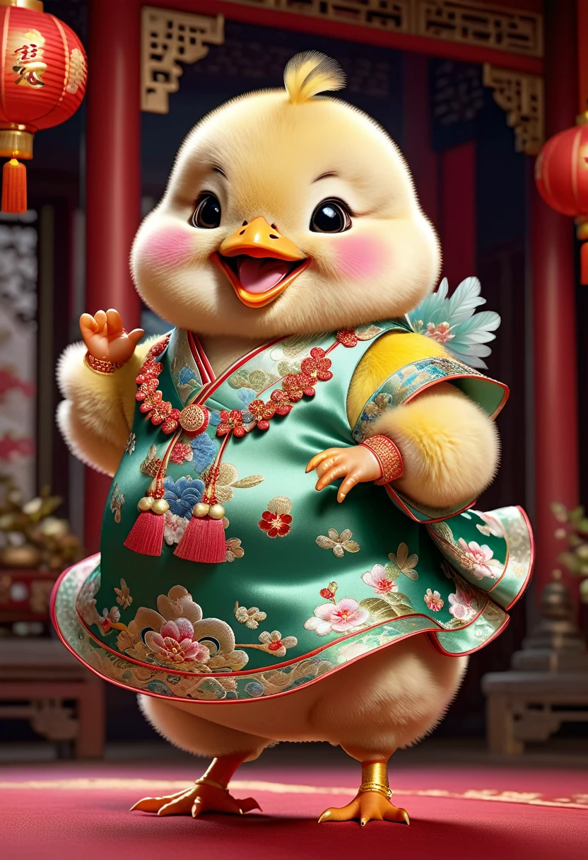 photorealistic portrait of Dressed animals - a ((fat)) ((baby chick)) dancer,(furry), (dynamic dancing:2.0), (swinging arms :2.0),(happy smile:1.5),high quality,(happy),(lovely) ,intricate details, (accessories), highly detailed (( Cheongsam)) ,highly detailed decorations of clothes, Wearing Cheongsams, , (happy), soft lighting,(full body image:1.5),Chinese palace background,(viewed from side:2.0),