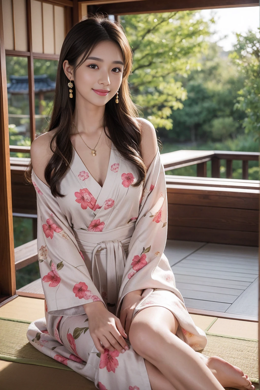 Highest quality,8K, Detailed facial depiction, Detailed description of the eyes,One Woman, Light brown hair(Medium-long hair),Beautiful Japanese Girl,24-years-old,Cute eyes,Cute Smile,Yukata beauty,Brown floral yukata,Slender body, Large, plump breast size, Long and beautiful legs,Smiling, Colorful earrings,necklace,Are standing,Beautiful nape,Japan tatami room,Sitting upright,Dry landscape garden,wind chimes