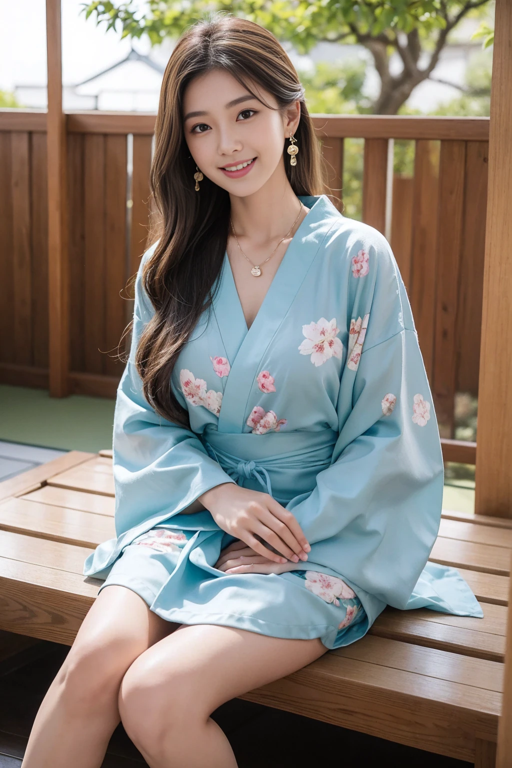 Highest quality,8K, Detailed facial depiction, Detailed description of the eyes,One Woman, Light brown hair(Medium-long hair),Beautiful Japanese Girl,24-years-old,Cute eyes,Cute Smile,Yukata beauty,Brown floral yukata,Slender body, Large, plump breast size, Long and beautiful legs,Smiling, Colorful earrings,necklace,Are standing,Beautiful nape,Japan tatami room,Sitting upright,Dry landscape garden,wind chimes