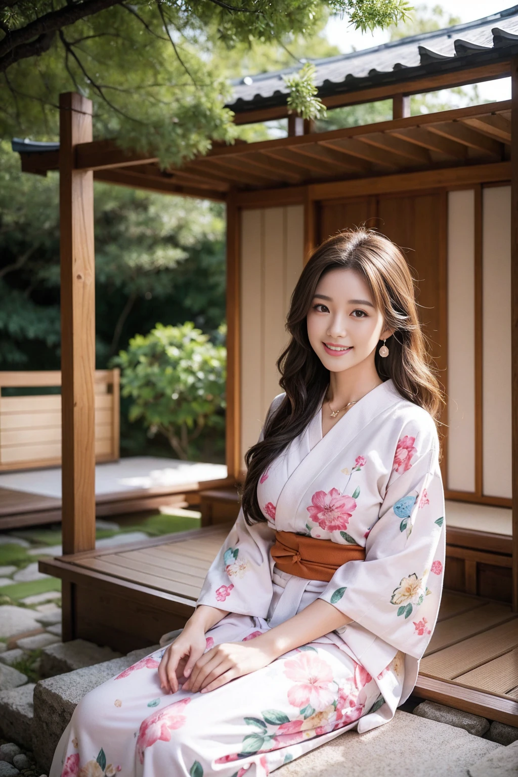 Highest quality,8K, Detailed facial depiction, Detailed description of the eyes,One Woman, Light brown hair(Medium-long hair),Beautiful Japanese Girl,24-years-old,Cute eyes,Cute Smile,Yukata beauty,Brown floral yukata,Slender body, Large, plump breast size, Long and beautiful legs,Smiling, Colorful earrings,necklace,Are standing,Beautiful nape,Japan tatami room,Sitting upright,Dry landscape garden,wind chimes