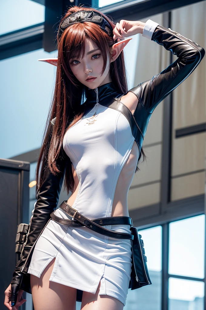 Create a highly detailed 3D rendering of a character named Ulc from SEGA's PSO2. The character is an elf-like female with pointed ears and long, straight, dark red hair. She wears a futuristic, military-style uniform with gray and white colors. (small military garisson cap), The uniform includes a fitted jacket with intricate white designs, shoulder epaulets, and a skirt. She has a serious expression and is depicted with one hand near her ear as if she is communicating through a device.  (shiny skin)