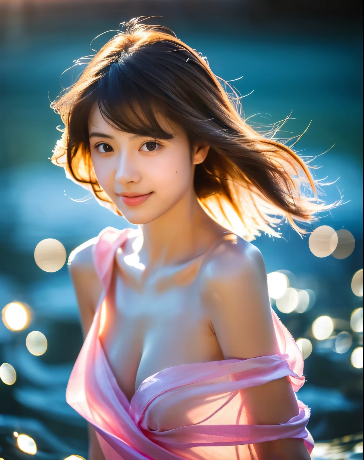 (highest quality, 32k, High resolution, masterpiece:1.5,), Haunting fantasy portrait in abstract style, ((In a swirl of fantastic colors and soft light)), Evoking a sense of soothing tranquility and elusive beauty, Award-winning masterpiece with amazing details, cute japanese woman, 24 years old, perfect human anatomy, big magical eyes, gentle smile, ((Shiny detailed brown hair)), Long straight hair tousled by the wind, Beautiful asymmetrical bangs, hair between eyes, smooth and soft skin, thin eyebrows, clear double eyelids, Attractive pink lips, ((naked, Wrap your body in a transparent silk cloth)), High resolution perfect collarbone, High resolution beautiful bust, Slender body with plump breasts, ((sparkling light effects:1.3)), summer blue sea, The blue, sparkling water surface reflecting light, bright sunshine, professional lighting, professional photographer, Professional models,mysterious