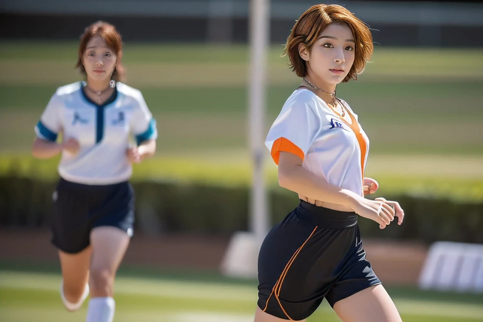 (Sports day at the grounds、Running a marathon:1.5)、(A beautiful profile without looking at the camera:1.5)、(An 18-year-old woman running desperately:1.5)、(The best quality at its best:1.4), (Super detailed), (Very detailed CG unified 16k), Beautiful woman with perfect figure: 1.4, Sharp focus: 1.2, Very detailed, High-quality RAW color photos, Professional photography, Great face and eyes, cosmetics, (Amazingly beautiful girl), ((moving、Wearing a jersey:1.5)), Realistic movie faces, Full body long view from head to toe, Realistic, ((Realistic natural orange red hairstyle)), ( Short Bob Hair:1.5), (necklace:1.5)、, Very beautiful face, Perfect model beauty, Mouth swelling, Highly detailed face and skin texture, Fine grain, double eyelid, Medium chest, (masterpiece), Highest quality, High resolution, Very detailed, Blurred Background, Depth of written boundary, Cinema Lighting, Great legs, , Clear, well-maintained skin,((Full body shot from head to toe:1.5))