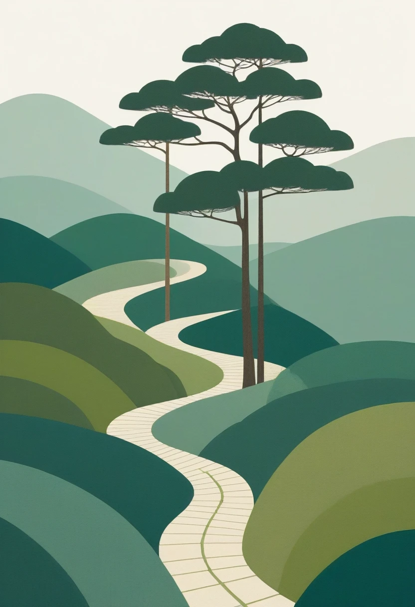 In the style of Ryo Takemasa and Alessandro Gottardo, Minimalism,Cedars and winding paths,Back