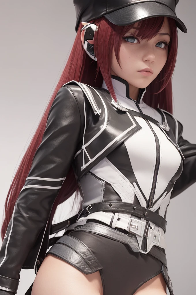 Create a highly detailed 3D rendering of a character named Ulc from SEGA's PSO2. The character is an elf-like female with pointed ears and long, straight, dark red hair. She wears a futuristic, military-style uniform with gray and white colors. (small military garisson cap), The uniform includes a fitted jacket with intricate white designs, shoulder epaulets, and a skirt. She has a serious expression and is depicted with one hand near her ear as if she is communicating through a device.  (shiny skin)