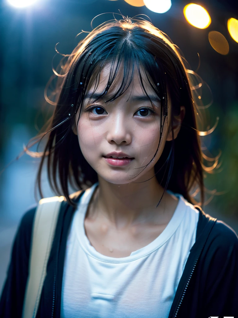 Wet roads ,drenched, Dripping, Wet Face,Wet clothes, Wet Skin, Wet Hair,A young woman with a cute face like a Japanese idol,Looking up at the sky,chest,((Cinema lighting),(Natural light),(High level of artistry),(Artistic),(Quality indistinguishable from real life),RAW Photos,Genuine,Genuine,High resolution,RAW Photos,masterpiece, beautiful