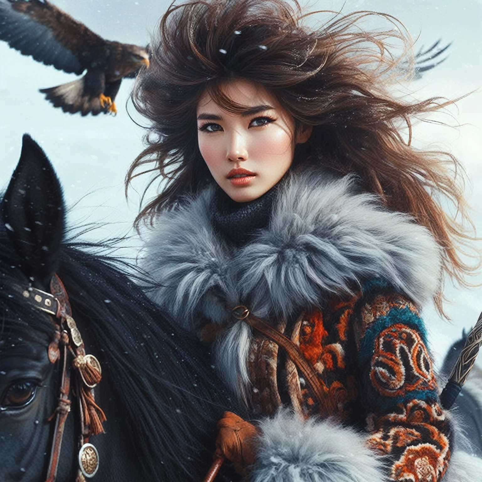 Wearing warm winter clothing made of thick fur, Cleverly combines traditional Chinese design patterns with contemporary elements ，messy and fluffy hair, Strongly expressed，Full of energy, Sharp eyes， 1 girl, Handsome face，Delicate face，horse riding, Looking at the audience，Dark horse, Epic Fantasy Character Art, wearing intricate fur armor, style of luis royo, Northern female warrior holding a spear，An eagle continues to fly in the sky，